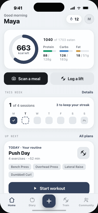 Flint — gym companion app home screen