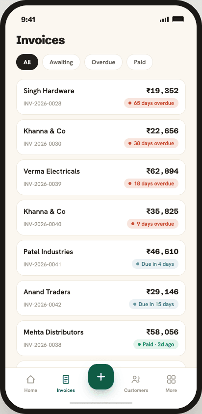 Tendly Invoices screen